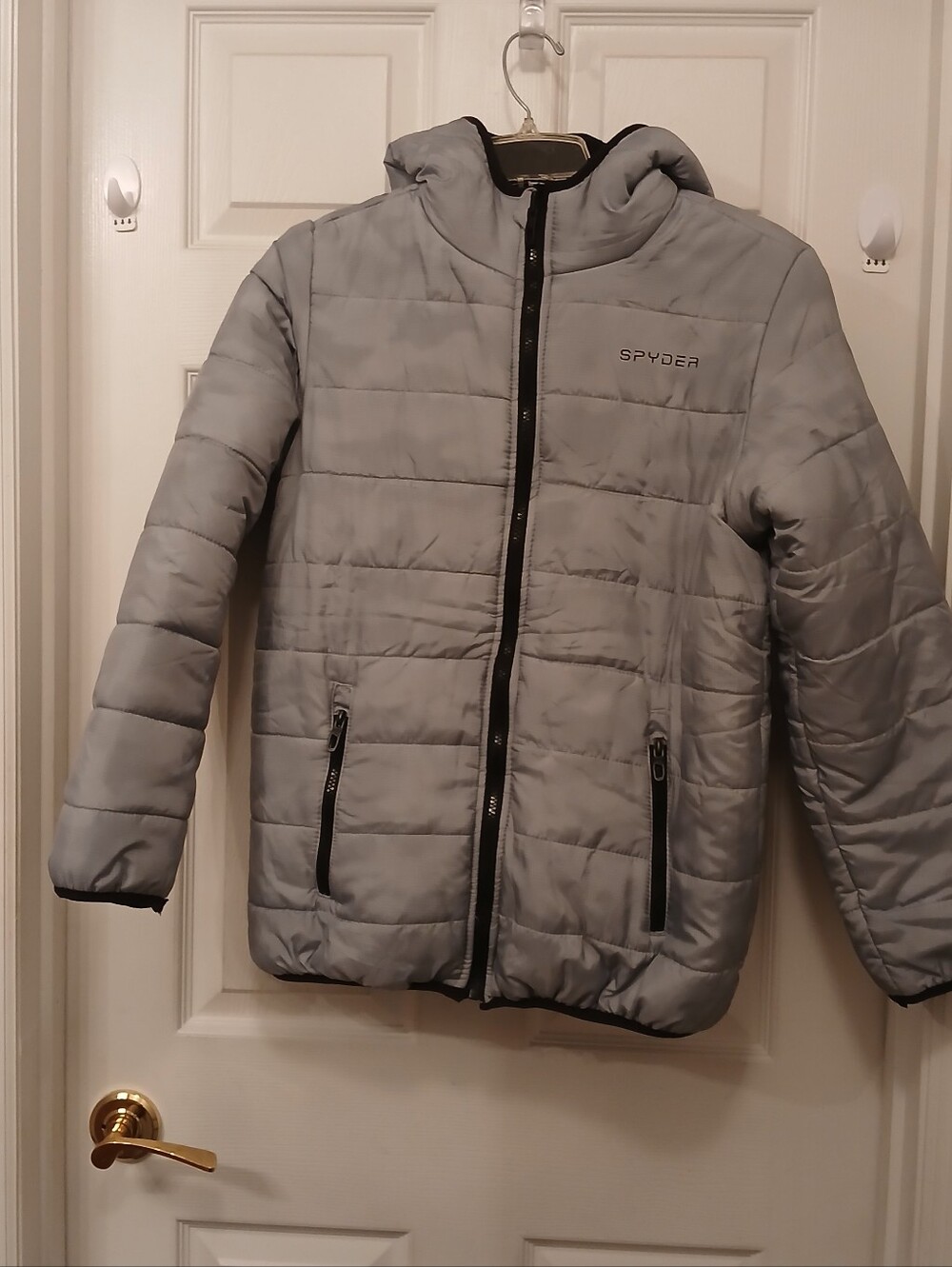 Spyder Youth Boys Nexus Hooded Puffer Jacket Coat Gray L 14/16 Fleece Lined EUC